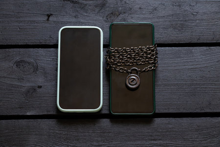 Two smartphones on a black wooden surface, one wrapped with a metal chain with a padlock, the other without a lock on the topic of security and data protectionの写真素材