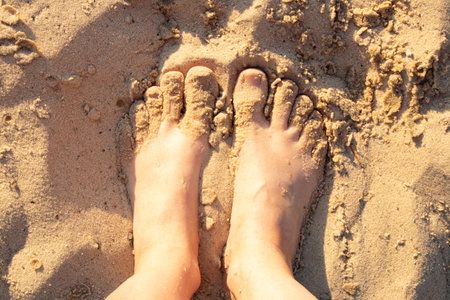 Women's bare feet standing on wet sand of the beach on a sunny summer day