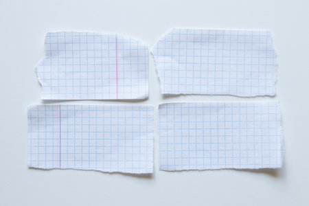 Four ripped rectangular pieces of white squared paper laid out on a white background as space for...