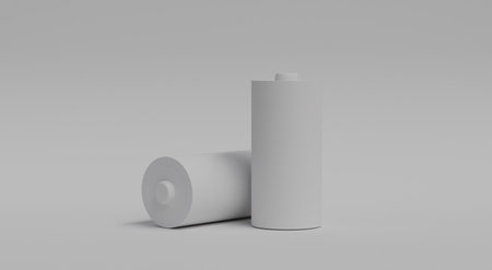 3D visualization of two cylindrical white batteries on white background with shadows as battery...