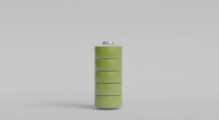 3D visualization of a battery with a transparent case and green sections inside, symbolizing a full...