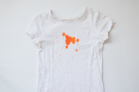 White T-shirt with orange paint or food stain on chest near pocket on washing theme, dirt, traces of food or childrens play on whiteの写真素材