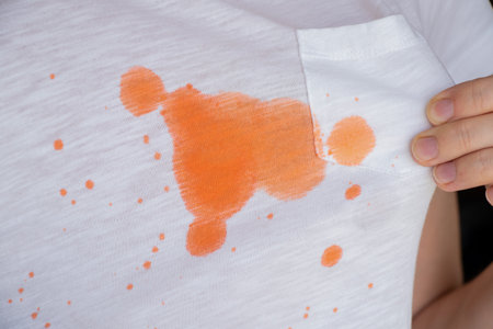 White T-shirt with orange stain and girl showing stain, pulling fabric with hand on washing, dirt removal topicの写真素材