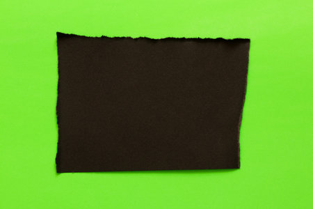 A sheet of black paper with jagged and torn edges that lies on a green background as a template or...