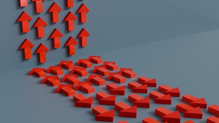 Volumetric red arrows pointing up and straight located in different planes and symbolize forward movement and growth and development, business analytics on a blueの写真素材