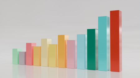 Volumetric columns of different colors of different heights, symbolizing the growth of indicators, success, profit and positive dynamics in business, statistics or analyticsの写真素材