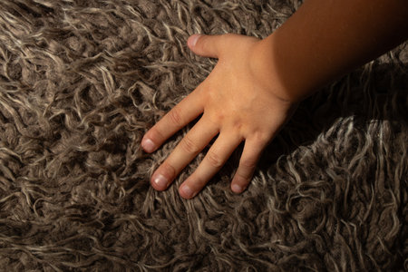 Close up of little boy hand lying on brown long pile carpet at home on floor