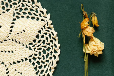 Green emerald velour as a background on which a lace knitted tablecloth of cream color and a sprig of dried yellow flowers are locatedの写真素材
