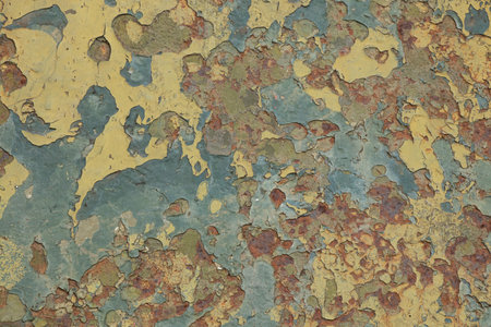 Old metal surface with peeling yellow and green paint and rust areas and rough and aged texture as...
