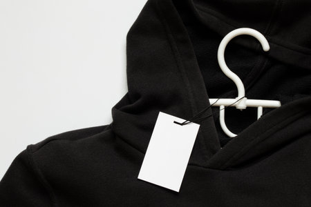 Black sweater on a white plastic hanger and a white tag empty as a layout for designs on a white backgroundの写真素材