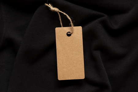 Brown empty tag on a rope lies on crumpled black fabric as a mockup for design close-upの写真素材
