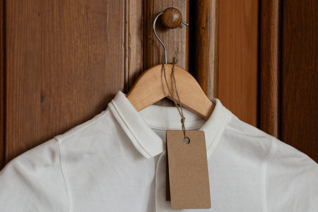 White t-shirt on wooden hanger with brown paper tag attached and hanging on wooden cabinet as mockup