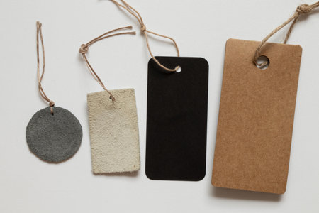 Four tags of different shapes and materials: round gray leather, rectangular light leather and black paper and brown craft, arranged in a row on a whiteの写真素材