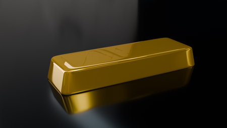 3d gold bar lies on a black glossy background on the theme of business accumulation and investmentの写真素材