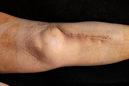 A woman's shin showing a fresh postoperative scar following open reduction and internal fixation of...
