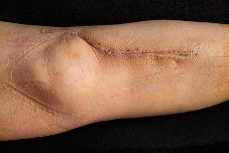 A woman's shin showing a fresh postoperative scar following open reduction and internal fixation of...