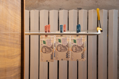 A central heating radiator and a clothes dryer with banknotes hanging from it in an apartment,...