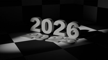 The 3D years 2025 and 2026 stand on a dark chessboard and symbolize the transition of the year, the date, and calendar changesの写真素材