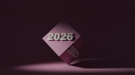 3D 2026 and 2025 on the other side of a geometric pink cube balanced on a pink background. Visual concept of the new year, beginnings, planning, and future ideas. Happy New Yearの写真素材
