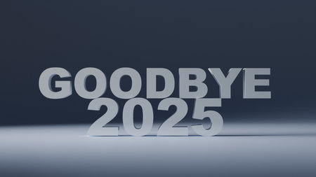 3D text GOODBYE 2025 light on a blue background, a visual image of farewell to the outgoing year 2025の写真素材