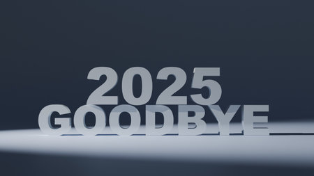 3D text GOODBYE 2025 light on a blue background, a visual image of farewell to the outgoing year 2025の写真素材
