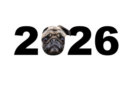 The year 2026 on a white background with a pug's face inside the number zero. Creative New Year's...