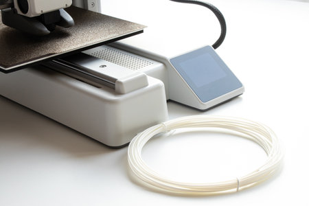 Desktop 3D printer with a spool of plastic filament on a white background. Modern technologies of additive manufacturing, digital education and prototypingの写真素材
