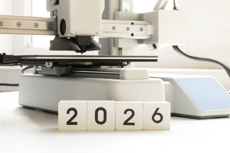 A desktop 3D printer on a white background with the year 2026 printed on cubes. Modern additive manufacturing technologies, digital educationの写真素材