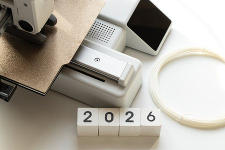 Desktop 3D printer with spool of plastic filament on white background and year 2026 on cubes. Modern...