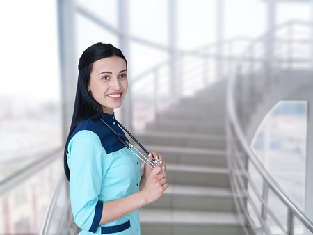 Medical physician doctor woman on clinic background.の写真素材