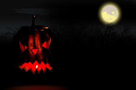 Halloween Pumpkins On Wood In A Spooky Forest in the dark.の写真素材
