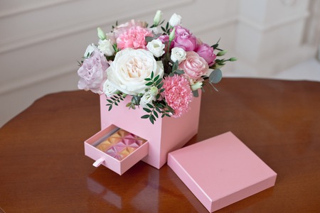 Square Pink Flower box with Fresh Roseの写真素材
