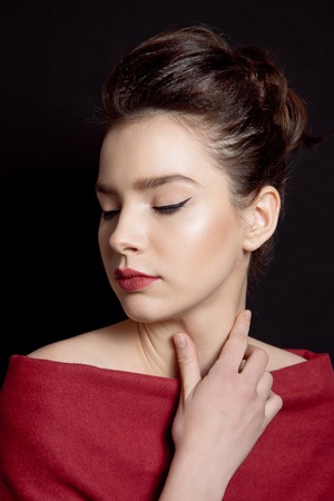 Close up woman portrait with bare shouldersの写真素材