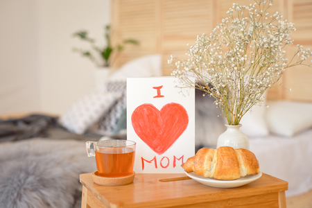 Mothers Morning breakfast on wooden tray.の写真素材