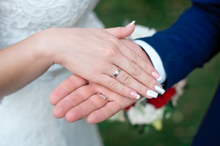 Close-up Bride and grooms hands with wedding rings