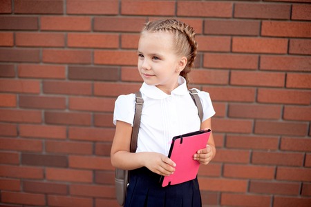 Little girl with blond hair in a white shirt and blue skirt holds an empty board near the upper wall.の写真素材