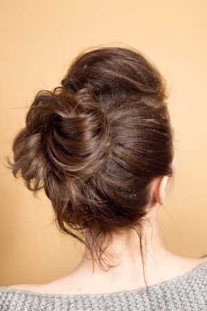 Rear view of female hairstyle middle bun with brown hair.の写真素材