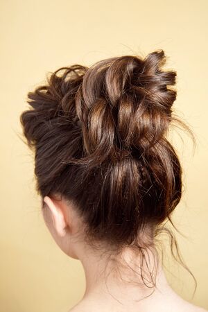 Rear view of female hairstyle medium bun on long straight brown hair with radical volumeの写真素材