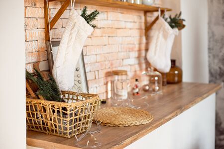 Interior light kitchen with christmas decor and tree.の写真素材