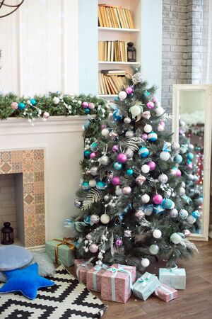Close-up christmas decorations on the branches firの写真素材