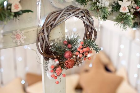 Beautiful holdiay decorated room with Christmas tree with presents under it - Image. Christmas home interior in red blue tones.の写真素材