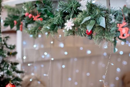 Christmas decoration.Christmas decoration background, Christmas tree and holidays ornamentの写真素材