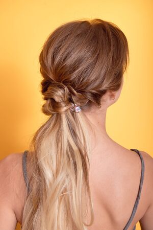 Rear view of female hairstyle middle bun with brown hair.の写真素材