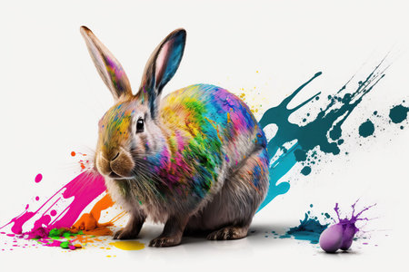 Easter rabbit with Eggs and colorful paint splash, happy Easter banner. AI Generativeの素材