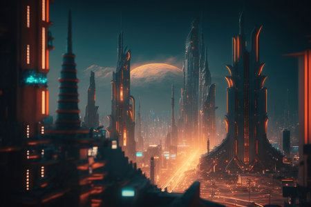 Ai generated incredible world, future city surreal buildings at night with light, intergalactic cities, science fictionの素材