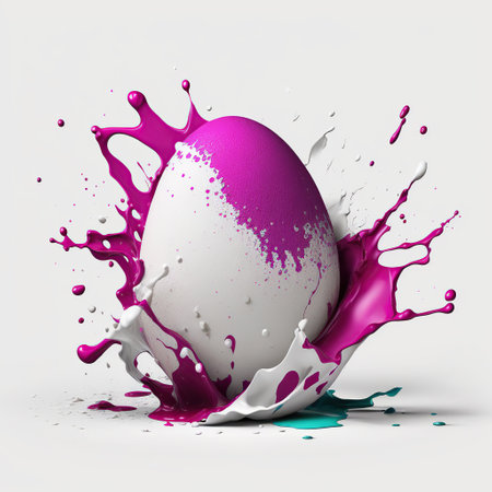 White egg with splash magenta paint, Holiday draw egg, happy Easter. Generated AI.の素材
