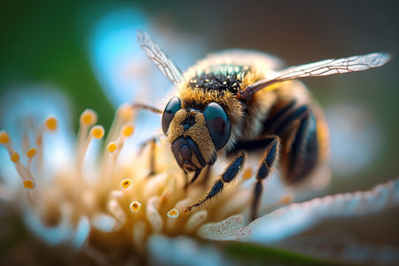 Honey bee collecting bee pollen from white flower blossom in sunlight, Bee collecting honey, ai generated.の素材