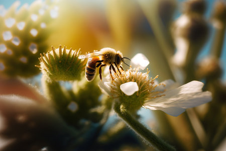 Honey bee collecting bee pollen from white flower blossom in sunlight, Bee collecting honey, ai generated.の素材