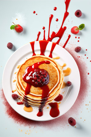 American pancake with jam and frozen raspberry on white background, breakfast, splash and messy food, ai generatedの素材