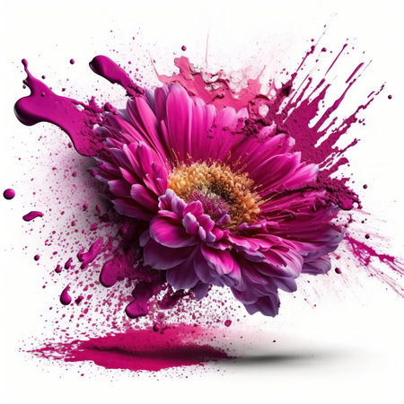 Explosion of magenta Holi powder from flower on white background, Indian Holi festival, Colored cloud. Colorful dust explode. AI Generative.の素材